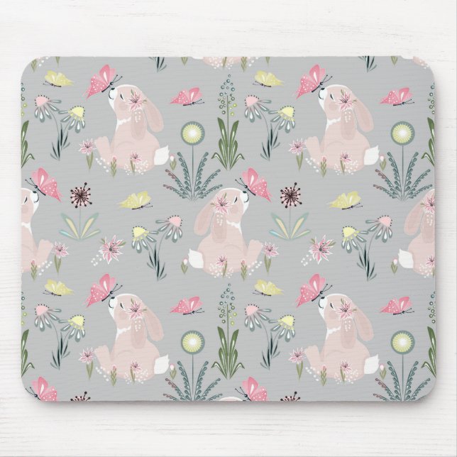 cute rabbit with flowers and butterflies mouse mat (Front)