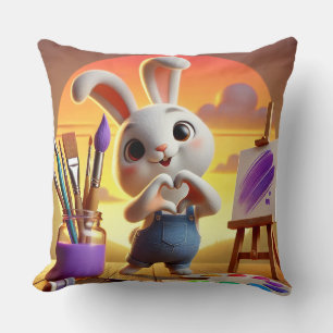 Cute Rabbit with Painting Supplies at Sunset Cushion