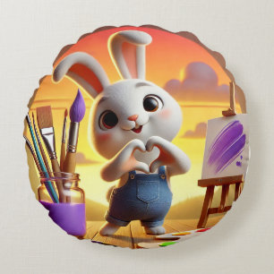 Cute Rabbit with Painting Supplies at Sunset Round Cushion