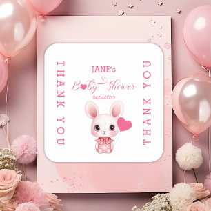 Cute Rabbit with Pink Balloon Girl Baby Shower Square Sticker