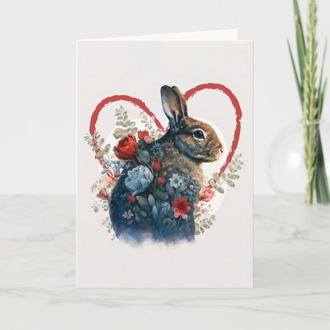 Cute Rabbit with Red Flowers for Valentine's Day Holiday Card (Front)