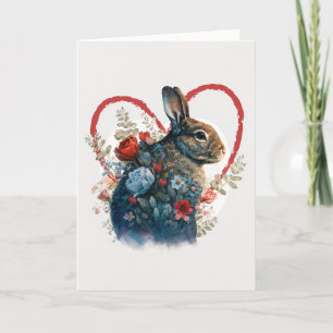Cute Rabbit with Red Flowers for Valentine's Day Holiday Card