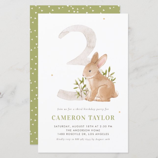 Cute Rabbit Woodland Third Birthday Invitation (Front/Back)