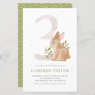 Cute Rabbit Woodland Third Birthday Invitation