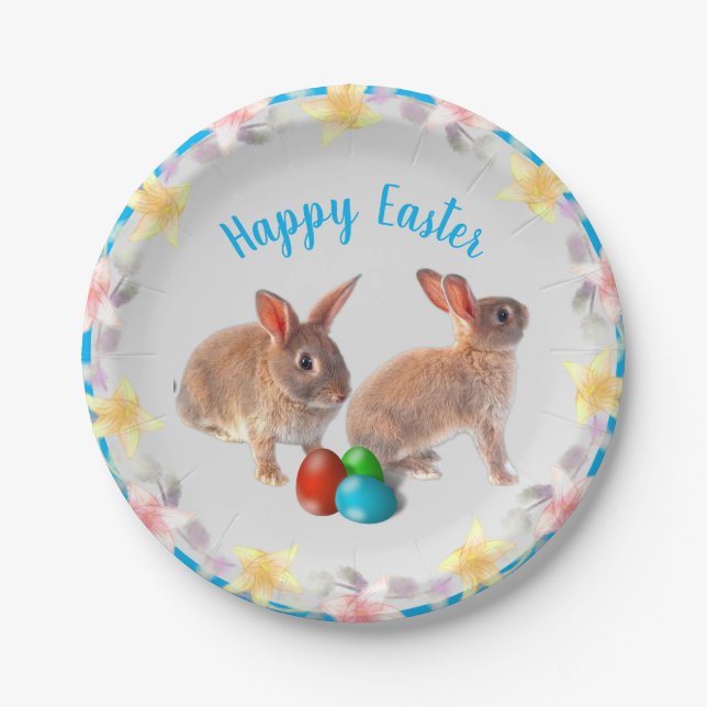 Cute Rabbits and Lily Flowers Easter Holiday Paper Plate (Front)