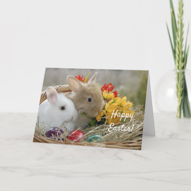 Cute Rabbits Basket Easter Holiday Card (Front)