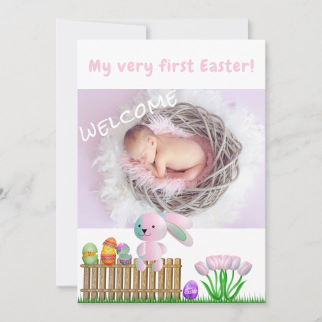 Cute Rabbits First Easter Welcome Photo Baby Birth Announcement (Front)