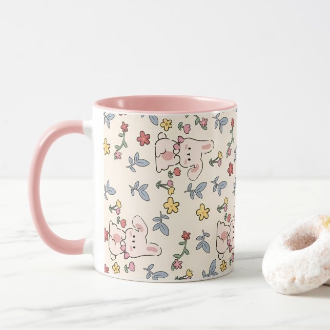Cute Rabbits, Flowers And Leaves Mug (With Donut)