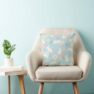 Cute Rabbits Flowers Pattern Cushion