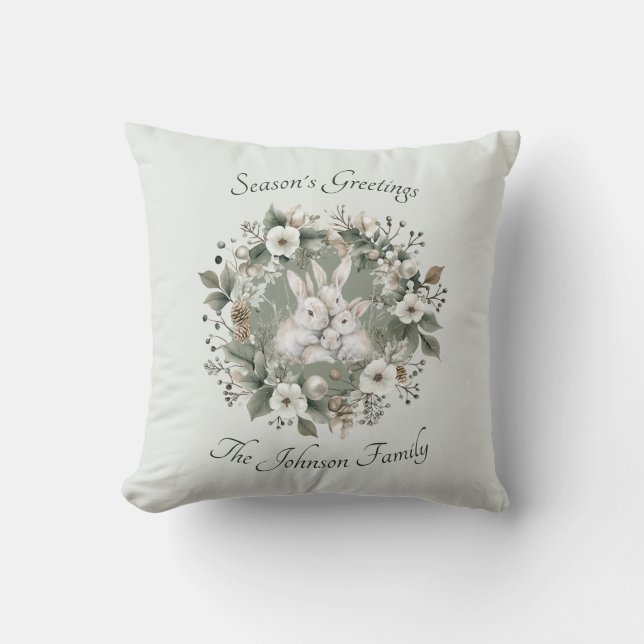Cute Rabbits in a Floral Winter Wreath Cushion (Front)