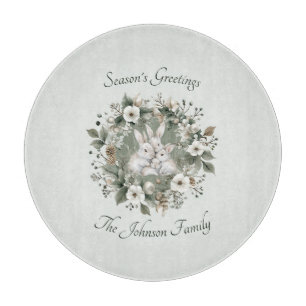 Cute Rabbits in a Floral Winter Wreath Cutting Board