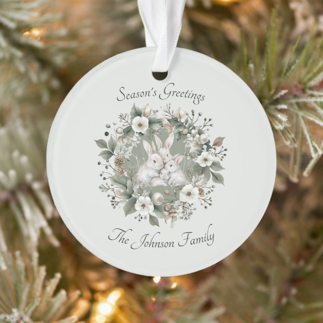 Cute Rabbits in a Floral Winter Wreath Ornament (Tree)