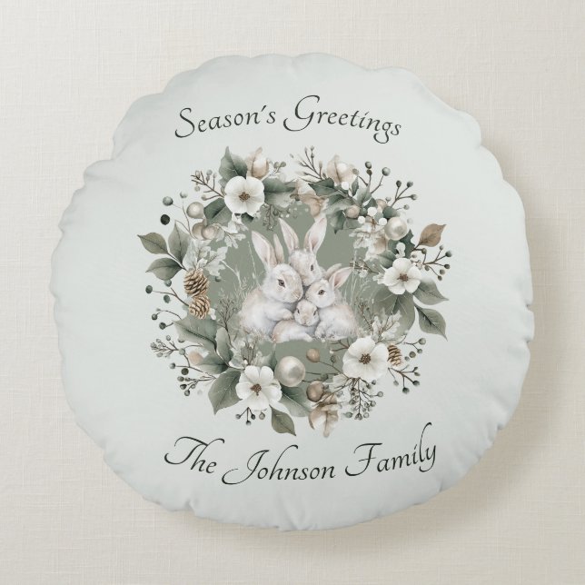 Cute Rabbits in a Floral Winter Wreath Round Cushion (Front)