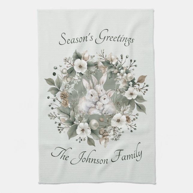 Cute Rabbits in a Floral Winter Wreath Tea Towel (Vertical)