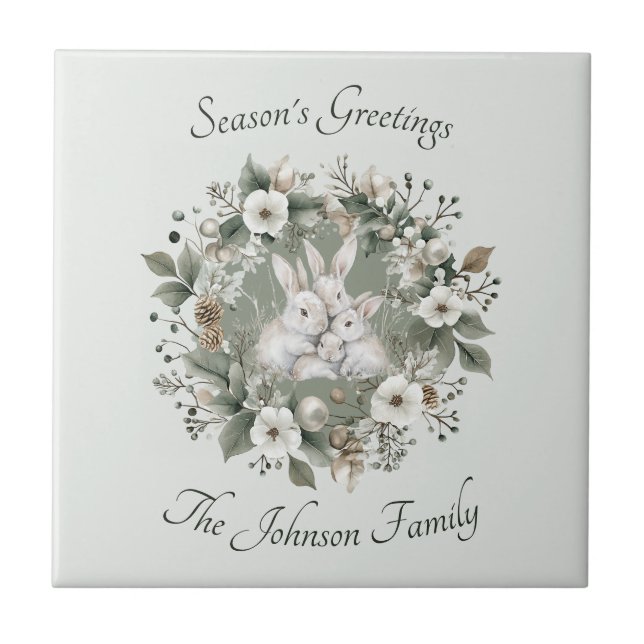 Cute Rabbits in a Floral Winter Wreath Tile (Front)