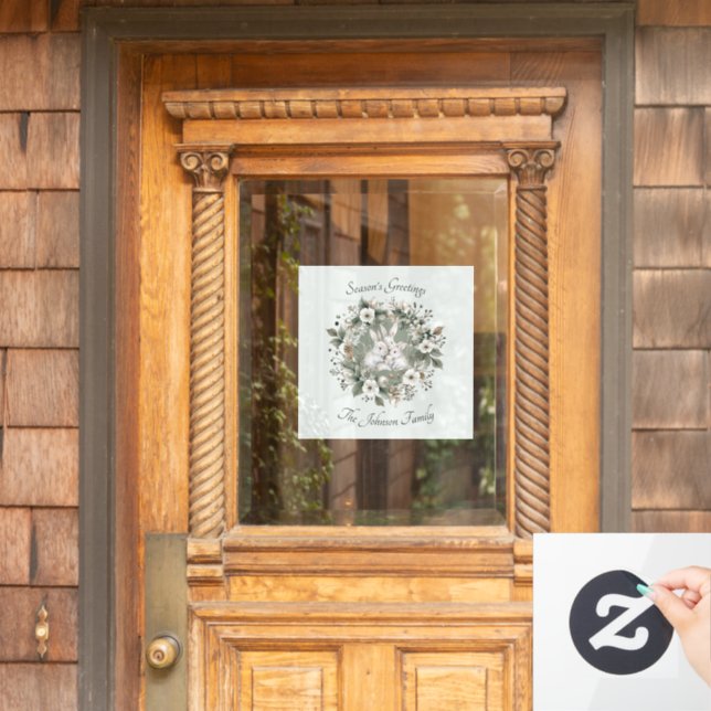 Cute Rabbits in a Floral Winter Wreath Window Cling (Home Door)