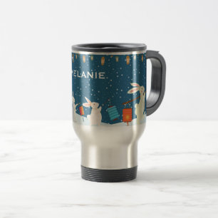 Cute Rabbits Lantern Parade Snow Personalised Travel Mug