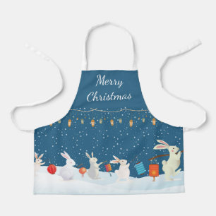 Cute Rabbits Lantern Parade Through Snow Christmas Apron