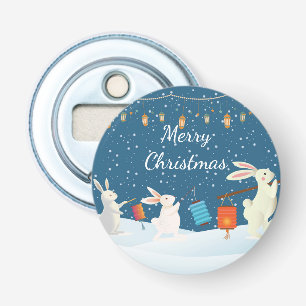 Cute Rabbits Lantern Parade Through Snow Christmas Bottle Opener