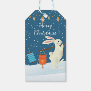Cute Rabbits Lantern Parade Through Snow Christmas Gift Tags