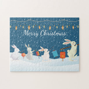 Cute Rabbits Lantern Parade Through Snow Christmas Jigsaw Puzzle