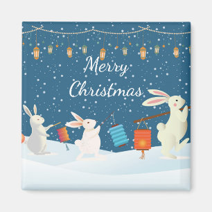 Cute Rabbits Lantern Parade Through Snow Christmas Magnet