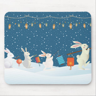 Cute Rabbits Lantern Parade Through Snow Christmas Mouse Mat
