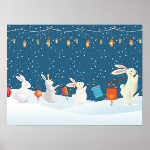 Cute Rabbits Lantern Parade Through Snow Christmas Poster