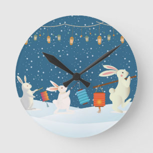 Cute Rabbits Lantern Parade Through Snow Round Clock