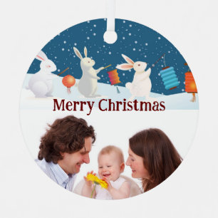 Cute Rabbits Lantern Parade Winter Christmas Photo Metal Tree Decoration