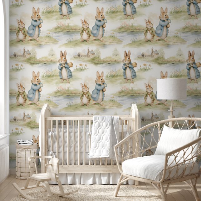 Cute Rabbits Near Riverbank Nursery Peel And Stick Wallpaper (Kids)