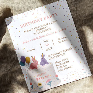 Cute Rabbits on Cake Joint Birthday Sister Brother Invitation