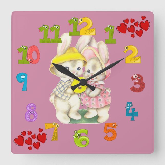 Cute rabbits square wall clock (Front)
