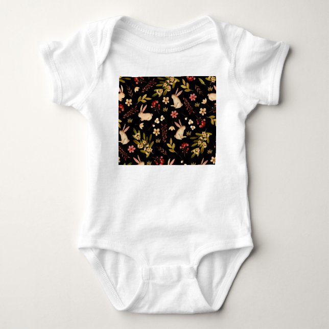Cute Rabbits: Watercolor Hand-Drawn Pattern Baby Bodysuit (Front)