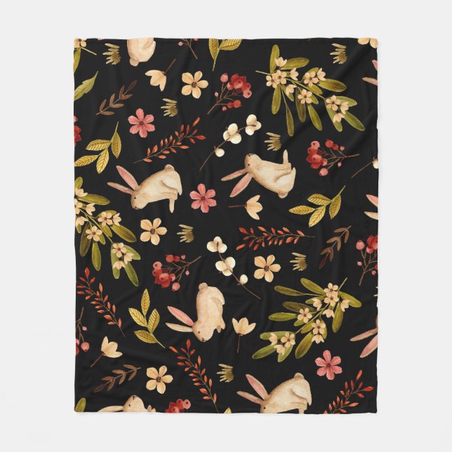 Cute Rabbits: Watercolor Hand-Drawn Pattern Fleece Blanket (Front)