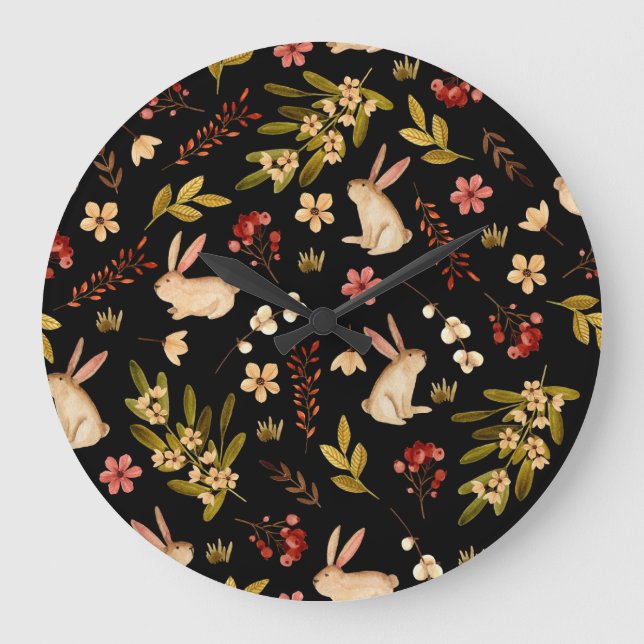 Cute Rabbits: Watercolor Hand-Drawn Pattern Large Clock (Front)