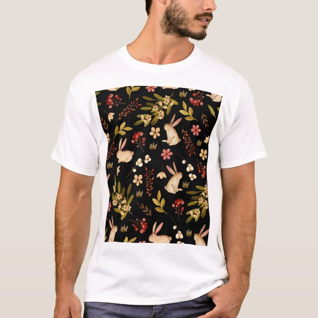 Cute Rabbits: Watercolor Hand-Drawn Pattern T-Shirt (Front)