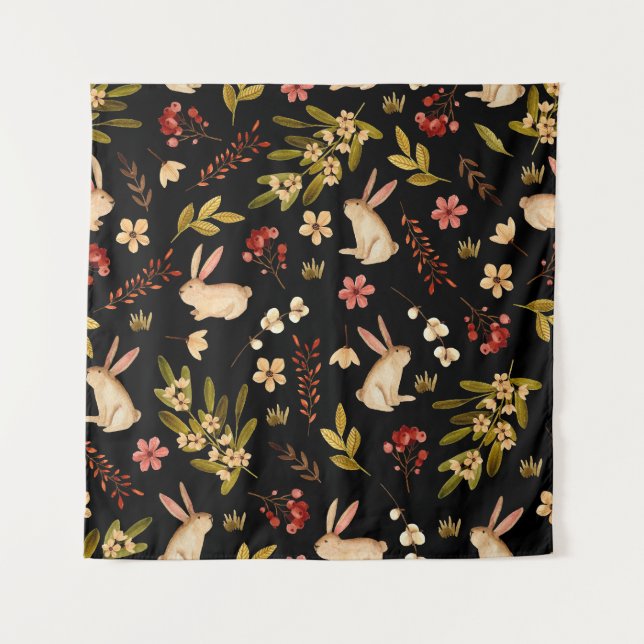 Cute Rabbits: Watercolor Hand-Drawn Pattern Tapestry (Front)