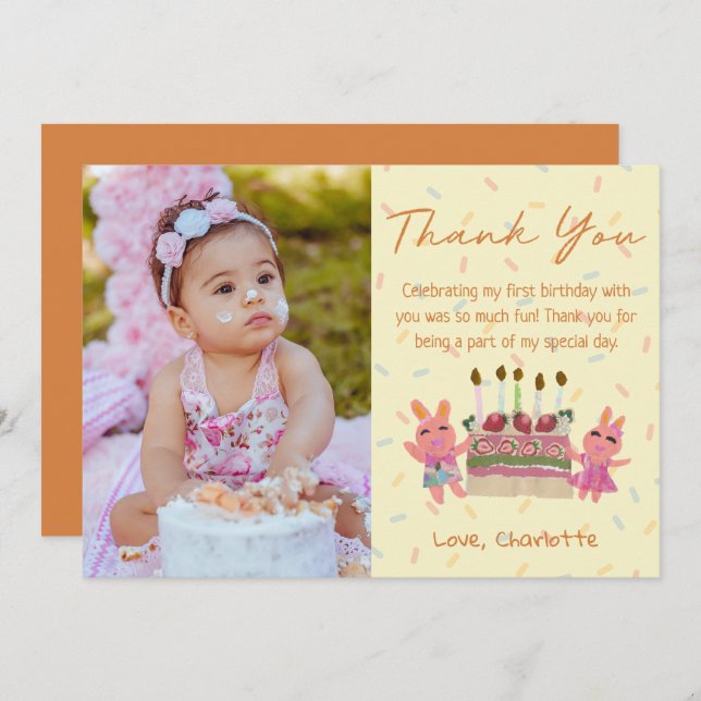 Cute Rabbits with Cake Yellow Kids Birthday Photo Thank You Card (Front/Back)