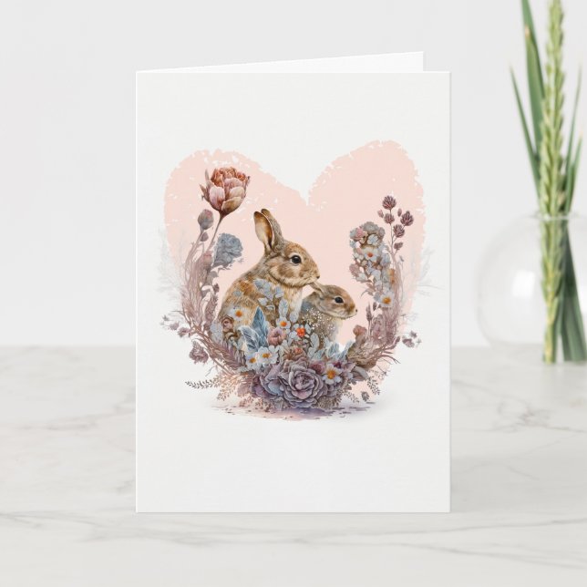 Cute Rabbits with Lovely Flowers Valentine's Day Holiday Card (Front)