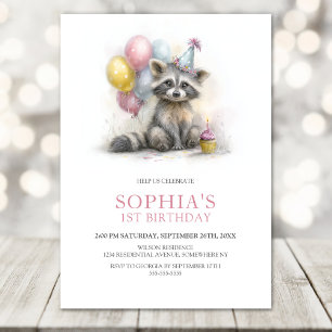 Cute Raccoon 1st Birthday Party Invitation