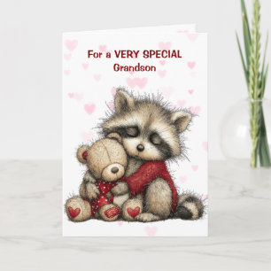 Cute Raccoon and Teddy Bear Grandson Valentine Holiday Card