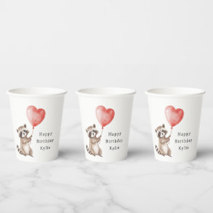 Cute Raccoon Animal Heart Balloon Birthday Paper Cups
