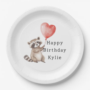 Cute Raccoon Animal Heart Balloon Birthday Paper Plate