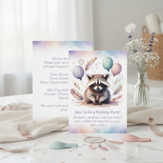 Cute Raccoon Birthday Invitation Woodland Boho  (Cute Raccoon Birthday Invitation Woodland Boho)