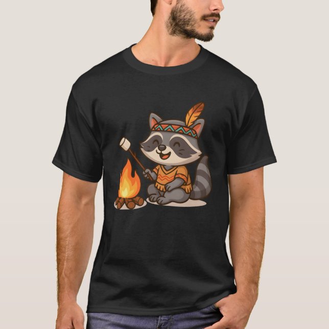 Cute Raccoon Camping and Roasting Marshmallow retr T-Shirt (Front)