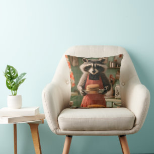 Cute Raccoon Chef in Retro Kitchen Serving Pancake Cushion