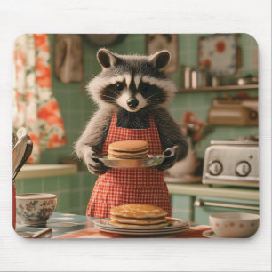 Cute Raccoon Chef in Retro Kitchen Serving Pancake Mouse Mat