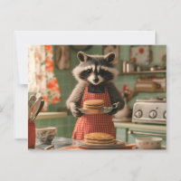 Cute Raccoon Chef in Retro Kitchen Serving Pancake