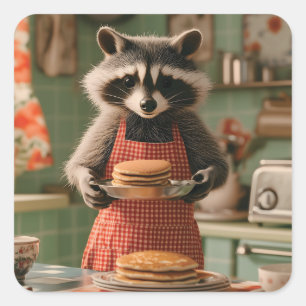 Cute Raccoon Chef in Retro Kitchen Serving Pancake Square Sticker
